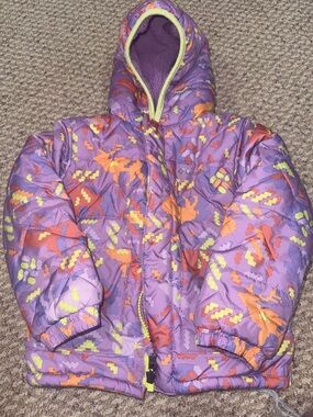 Columbia Reversible Purple Orange Lime Pixel-Print Hooded Puffer Jacket 4T